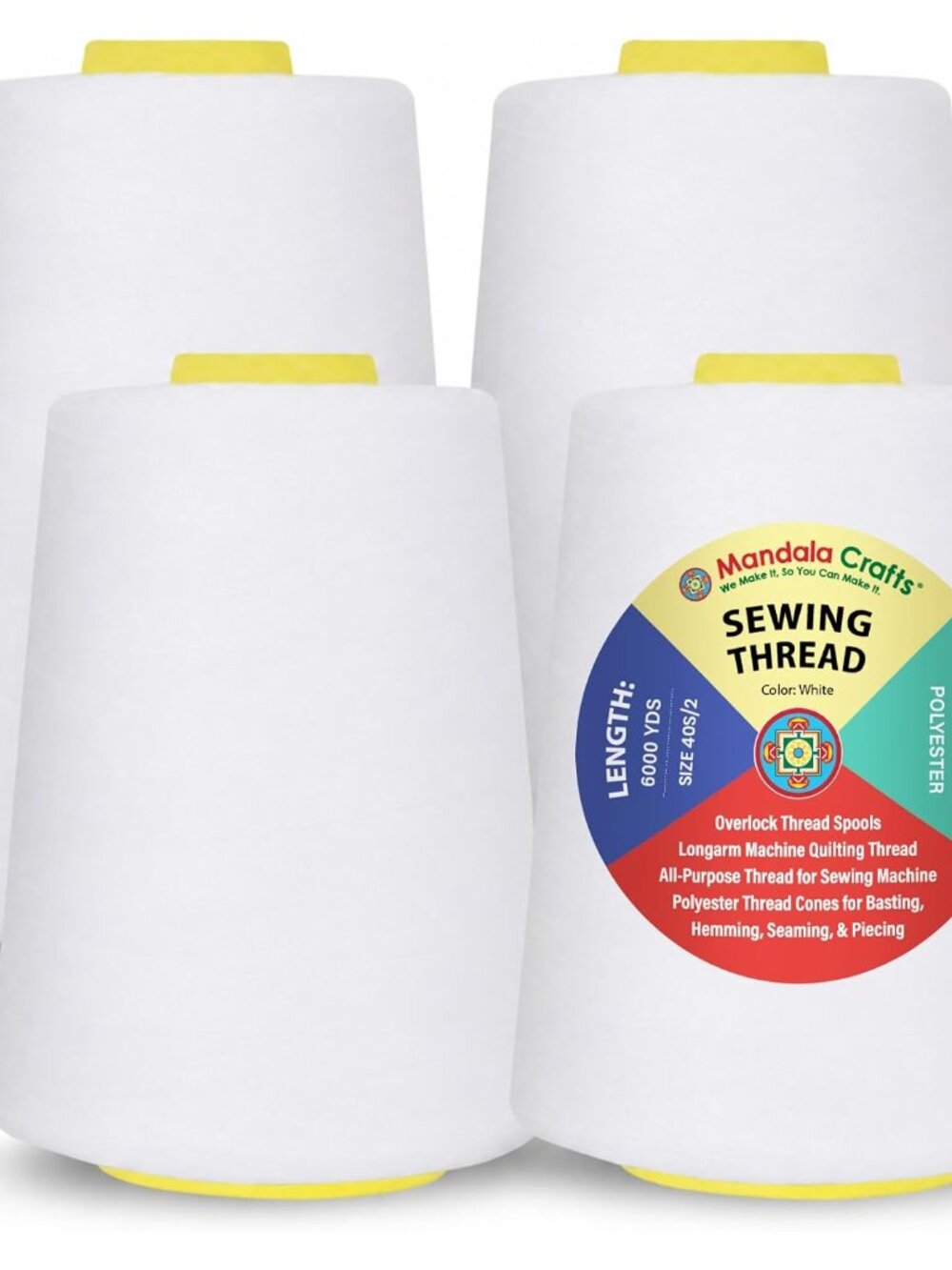 40S/2 White Polyester 4 Pack of Serger Threads Cones